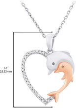 Two Tone 14K Rose Gold Plated .925 Sterling Silver 1/10 Cttw Diamond Two Dolphins Heart Pendant Necklace - 20” (I-J Color, I2-I3 Clarity)