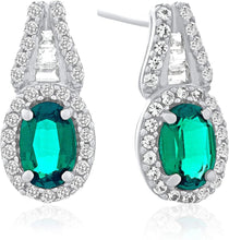 .925 Sterling Silver, Oval Cut Lab-Grown Gemstone & Round + Baguette Cut Lab-Grown White Sapphire Halo Drop Style Stud Earrings - Choice of Gem Color