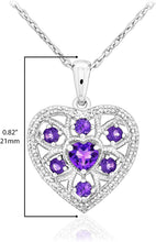 .925 Sterling Silver Heart & Round Amethyst and Created White Sapphire Openwork Heart Halo Pendant Necklace - 18