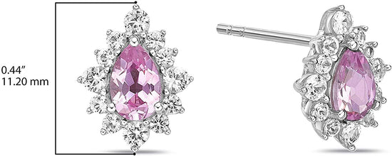 .925 Sterling Silver, Pear Cut Lab-Grown Gemstone & Round Lab-Grown White Sapphire Halo Teardrop Drop Style Stud Earrings - Choice of Gem Color