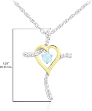 Two Tone 14K Yellow Gold Plated .925 Sterling Silver, Dangling Gemstone & Lab Grown White Sapphire Heart Cross Pendant Necklace 20” - Choice of Color