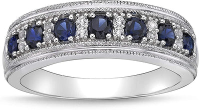 .925 Sterling Silver, Lab-Grown Gemstone & Lab-Grown White Sapphire Alternating Stone Milgrain Band-Style Statement Ring - Choice of Gemstone Color