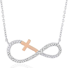 14K Rose Gold Plated .925 Sterling Silver Diamond Accented Cross Sideways Infinity Necklace on 18" Cable Chain (I-J Color, I2-I3 Clarity)