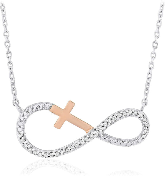 14K Rose Gold Plated .925 Sterling Silver Diamond Accented Cross Sideways Infinity Necklace on 18" Cable Chain (I-J Color, I2-I3 Clarity)