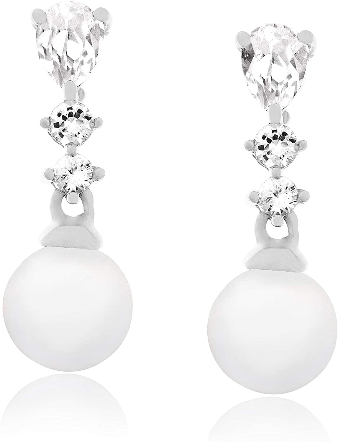 .925 Sterling Silver 6mm Freshwater Cultured Pearl and Lab Grown White Sapphire Elegant Drop Dangle Earrings