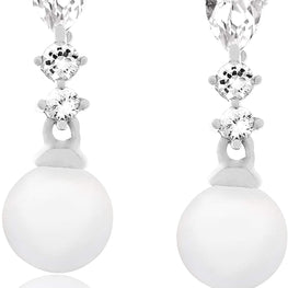 .925 Sterling Silver 6mm Freshwater Cultured Pearl and Lab Grown White Sapphire Elegant Drop Dangle Earrings