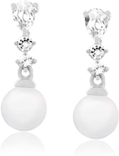 .925 Sterling Silver 6mm Freshwater Cultured Pearl and Lab Grown White Sapphire Elegant Drop Dangle Earrings