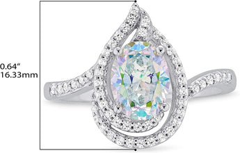 .925 Sterling Silver Oval Cut Aurora Borealis Cubic Zirconia & White Cubic Zirconias Pear Shape Engagment Ring
