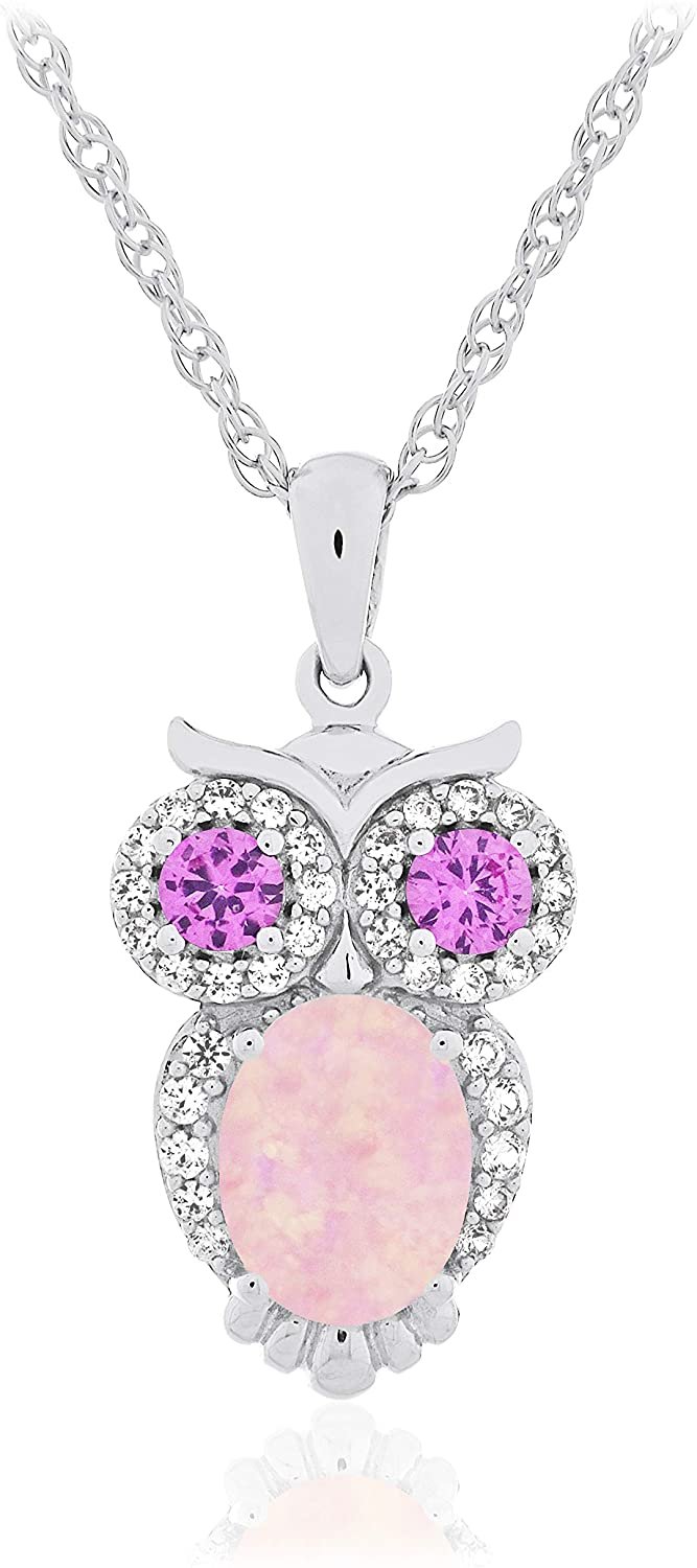 .925 Sterling Silver, Oval Lab-Created Pink Opal Cabochon & Lab-Grown Pink and White Sapphire Owl Pendant Necklace with 18" Rope Chain