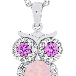 .925 Sterling Silver, Oval Lab-Created Pink Opal Cabochon & Lab-Grown Pink and White Sapphire Owl Pendant Necklace with 18" Rope Chain