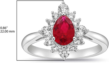 .925 Sterling Silver, Pear Cut Lab-Grown Gemstone & Round Lab-Grown White Sapphire Halo Teardrop Engagement Ring - Choice of Gem Color