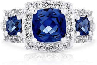 .925 Sterling Silver, Cushion Cut Lab-Grown Blue Sapphire & Round Lab-Grown White Sapphire Halo Engagement or Anniversary Ring