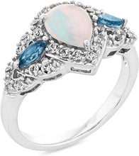 .925 Sterling Silver Pear Shape Lab Grown Opal, Marquise Blue Topaz, & Round Lab Grown White Sapphire Three Stone Ring