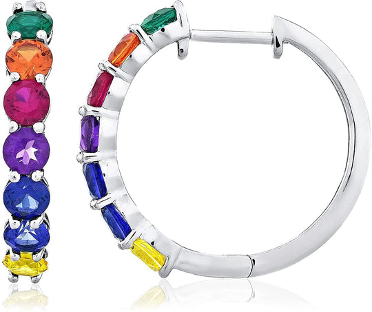 .925 Sterling Silver Lab Grown Sapphire Multicolored Rainbow Hoop Earrings