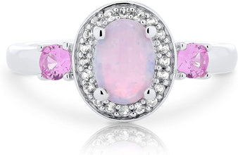 .925 Sterling Silver, Oval Lab-Grown White Opal Cabochon & Lab-Grown Pink and White Sapphire 3 Stone with Halo Engagement or Anniversary Ring