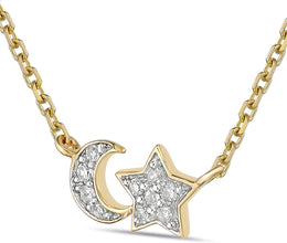 10K Yellow Gold 1/20 Cttw Diamond Accented Star and Crescent Moon Celestial Pendant Necklace with Cable Chain - 20” (H-I Color, I1-I2 Clarity)