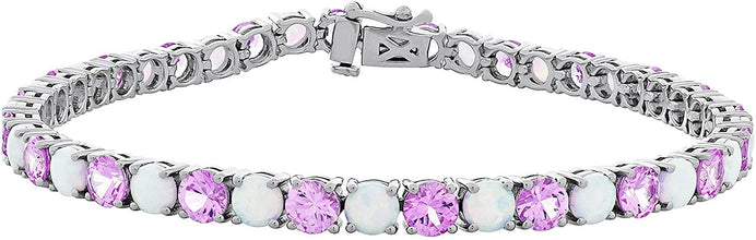 .925 Sterling Silver, Lab-Grown Pink Sapphire & Lab-Grown White Opal Alternating Round Link Tennis Bracelet - 7-1/4