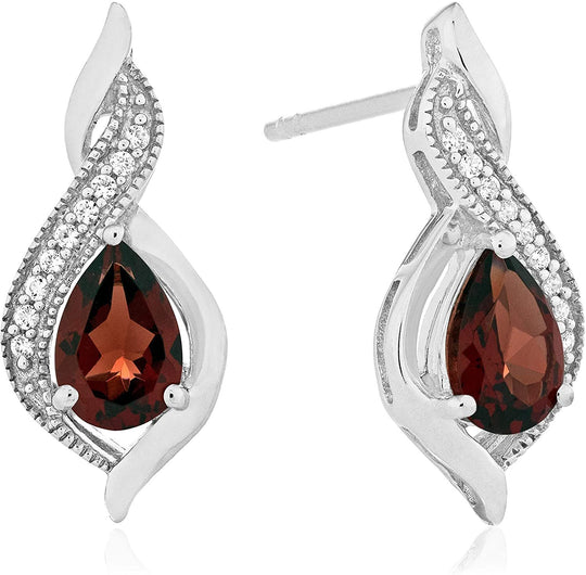.925 Sterling Silver Pear-Shaped Birthstone & Lab-Grown White Sapphire or CZ Milgrain Twist Stud Drop Earrings - Choice of Gem Color/Month