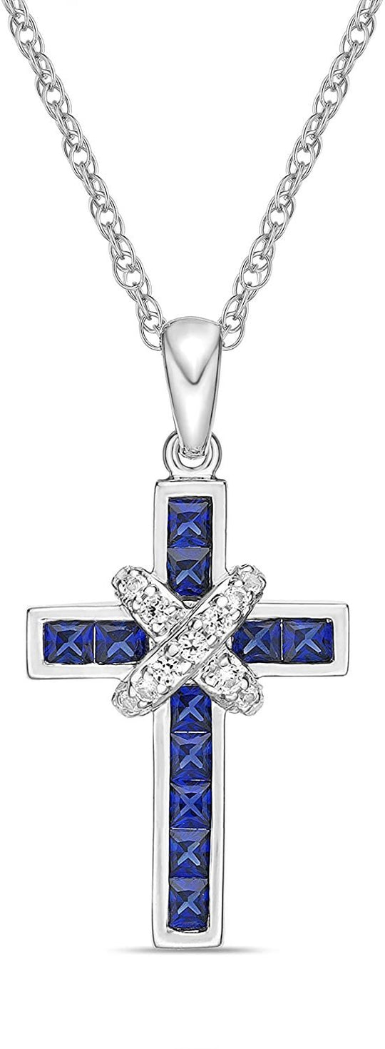 .925 Sterling Silver Princess Cut Lab Grown Gemstone & Lab Grown White Sapphire X Cross Pendant Necklace - 20” - Choice of Metal and Gem Color
