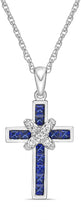 .925 Sterling Silver Princess Cut Lab Grown Gemstone & Lab Grown White Sapphire X Cross Pendant Necklace - 20” - Choice of Metal and Gem Color