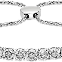 .925 Sterling Silver & 1/10 Cttw Diamond Miracle Set Cluster Links Wheat Chain Adjustable Bolo Bracelet - 6”-9-2/5” (I-J Color, I2-I3 Clarity)