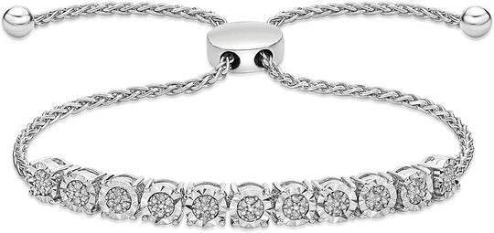 .925 Sterling Silver & 1/10 Cttw Diamond Miracle Set Cluster Links Wheat Chain Adjustable Bolo Bracelet - 6”-9-2/5” (I-J Color, I2-I3 Clarity)