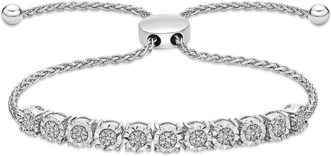 .925 Sterling Silver & 1/10 Cttw Diamond Miracle Set Cluster Links Wheat Chain Adjustable Bolo Bracelet - 6”-9-2/5” (I-J Color, I2-I3 Clarity)