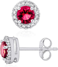 .925 Sterling Silver Birthstone and Lab Grown White Sapphire or CZ Halo Stud Earrings - Choice of Gem Color/Month