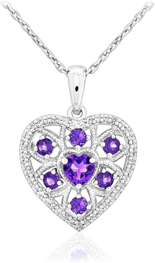 .925 Sterling Silver Heart & Round Amethyst and Created White Sapphire Openwork Heart Halo Pendant Necklace - 18"
