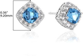 .925 Sterling Silver Swiss Blue Cushion Shape Topaz & Lab Created White Sapphire Halo Earrings