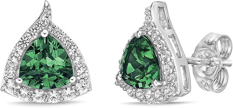 .925 Sterling Silver Trillion Cut Birthstone & Created White Sapphire Halo Stud Earrings - Choice of Birthstone/Month