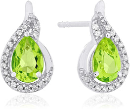 .925 Sterling Silver Pear-Shaped Birthstone & Lab Grown White Sapphire or CZ Teardrop Stud Earrings - Choice of Gem Color/Month