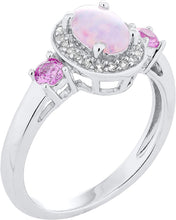.925 Sterling Silver, Oval Lab-Grown White Opal Cabochon & Lab-Grown Pink and White Sapphire 3 Stone with Halo Engagement or Anniversary Ring