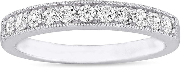 .925 Sterling Silver & Round Cubic Zirconia Half Eternity Milgrain Beaded Stackable Wedding Band Ring